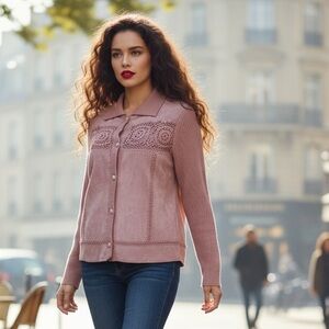 VTG Nygard Collection Pink Suede & Crochet Knit Cardigan Jacket - Size M